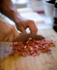 Chopping prosciutto - Beyond the Pasta - Mark Leslie