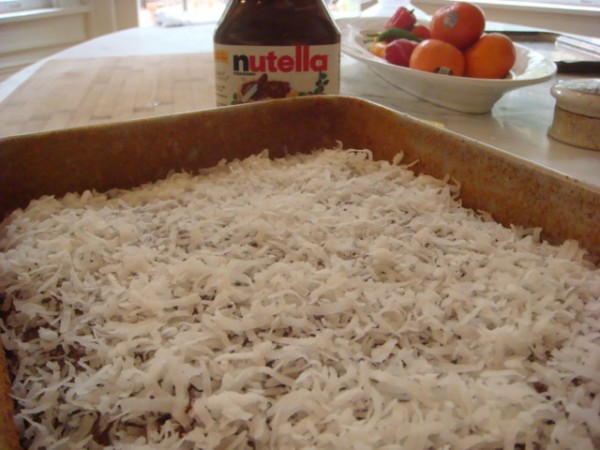 Coconut on frosting - Beyond the Pasta - Coconut Yogurt Cake with Nutella Frosting