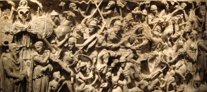 Carved sarcophagus depicting a battle between Romans and Barbarians, Museo Nazionale Romano, Rome, Italy
