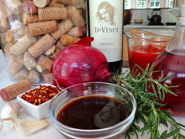 DaVinci’s Chianti is the prefect base to build a BBQ sauce—a dark and complex “sweet” with its aromas of ripe fruit and flavors of strawberry and plum. Strained tomatoes, brown sugar, and red onion round out the “sweet.” For the “bite”: red wine vinegar, Worcestershire sauce, and lemon. The “spice”: red pepper flakes and garlic. Plus, I added rosemary for its earthy flavor to accentuate the “smoke and char of the grill” and the darker fruit flavors of the wine.